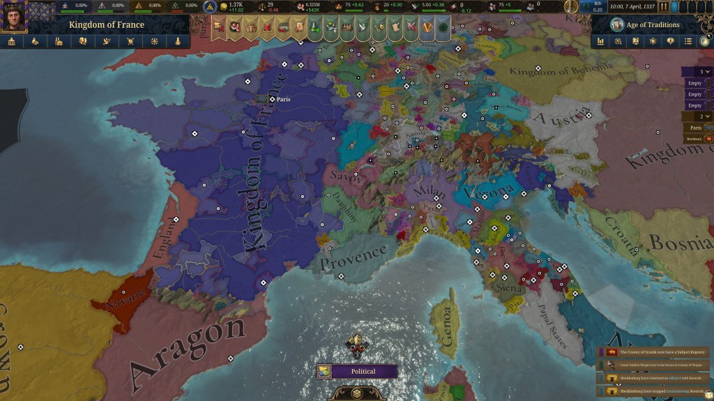Screenshot aus Europa Universalis 5. Zu sehen ist ein Teil Europas.