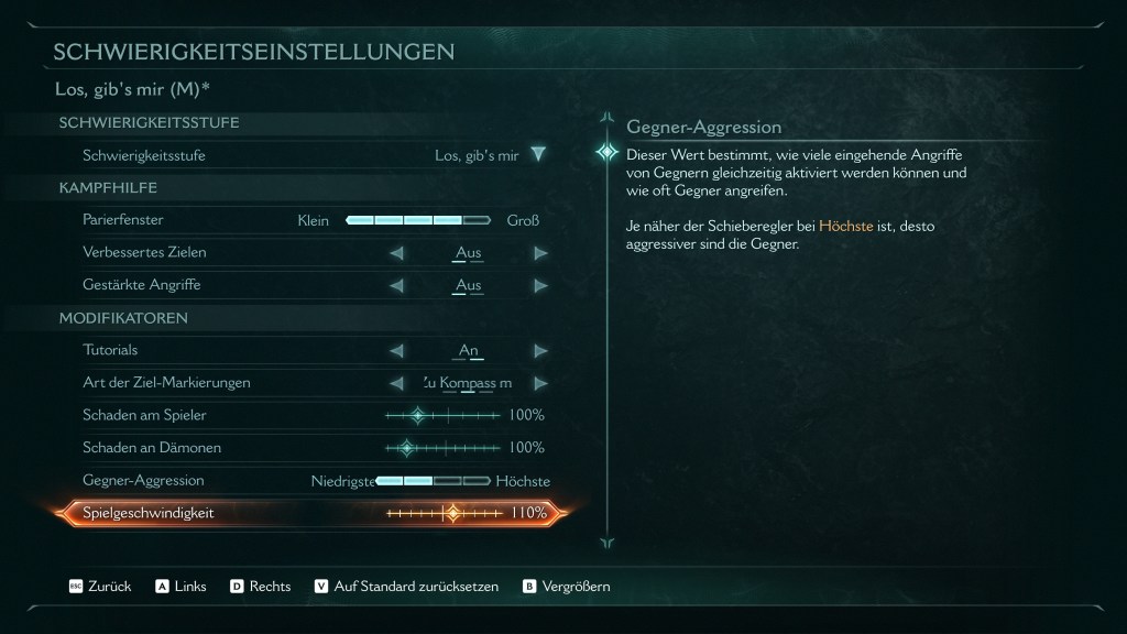 Screenshot aus dem Schwierigkeitgradsmenü von Doom: The Dark Ages.