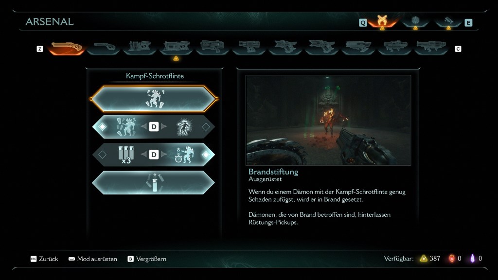 Screenshot aus dem Upgrade Menü von Doom: The Dark Ages.