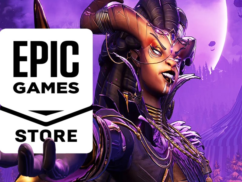 Artwork aus Tiny Tina's Wonderlands. Davor das Logo vom Epic Games Store.