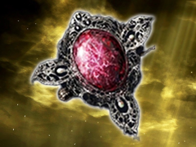 Eine Brosche aus Elden Ring: Nightreign auf gelbem Grund.