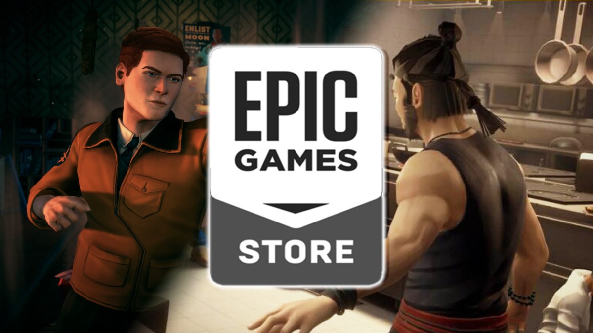 Screenshot-Collage aus Sifu und Deliver At All Costs. Mit dem Logo von Epic Games Store im Vordergrund.
