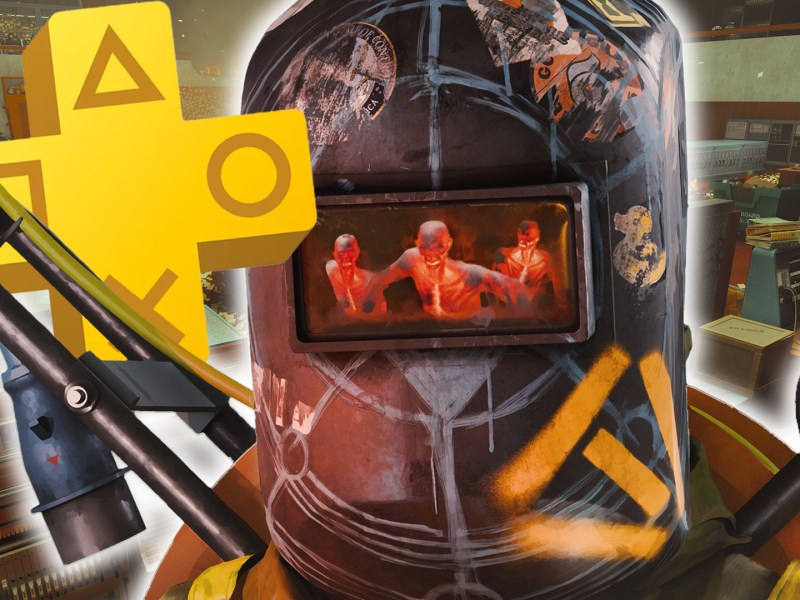 Screenshot aus FBC: Firebreak. Im Vordergrund ein Charakter mit Helm aus dem Spiel, dazu das Logo von PS Plus.