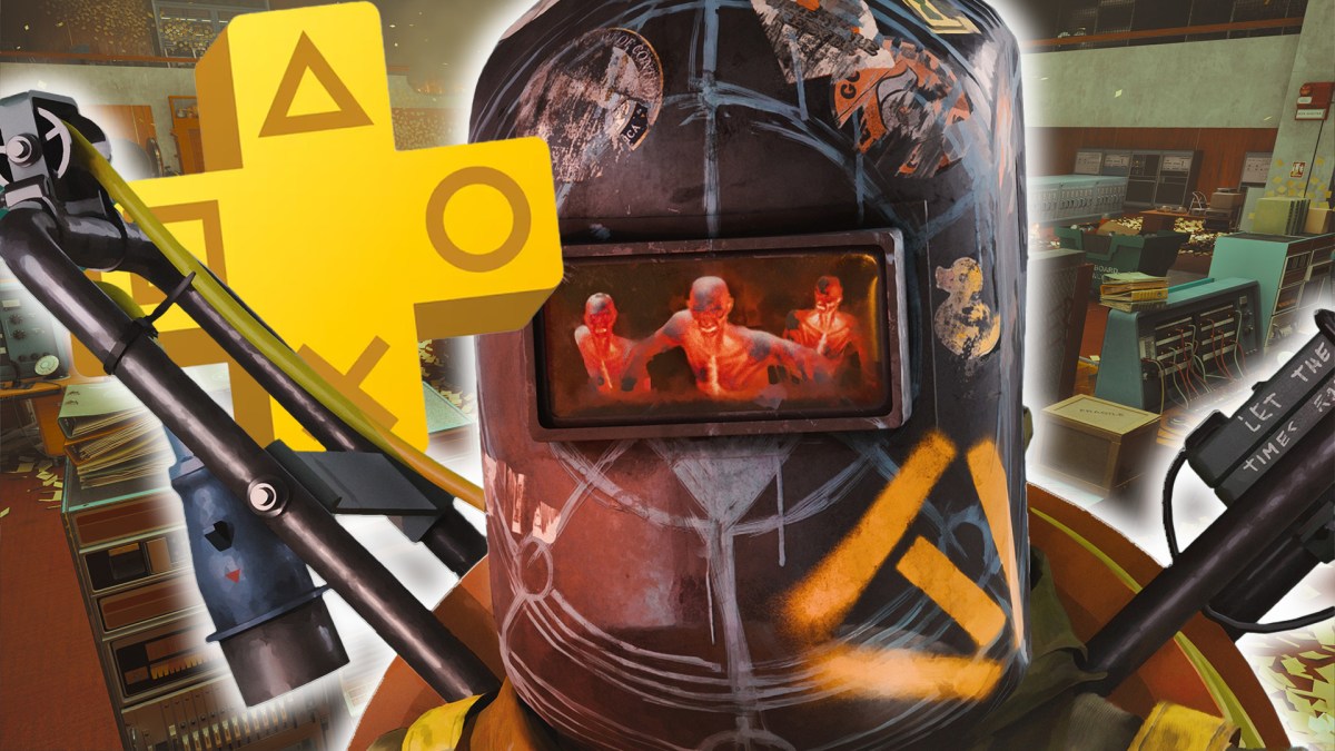 Screenshot aus FBC: Firebreak. Im Vordergrund ein Charakter mit Helm aus dem Spiel, dazu das Logo von PS Plus.