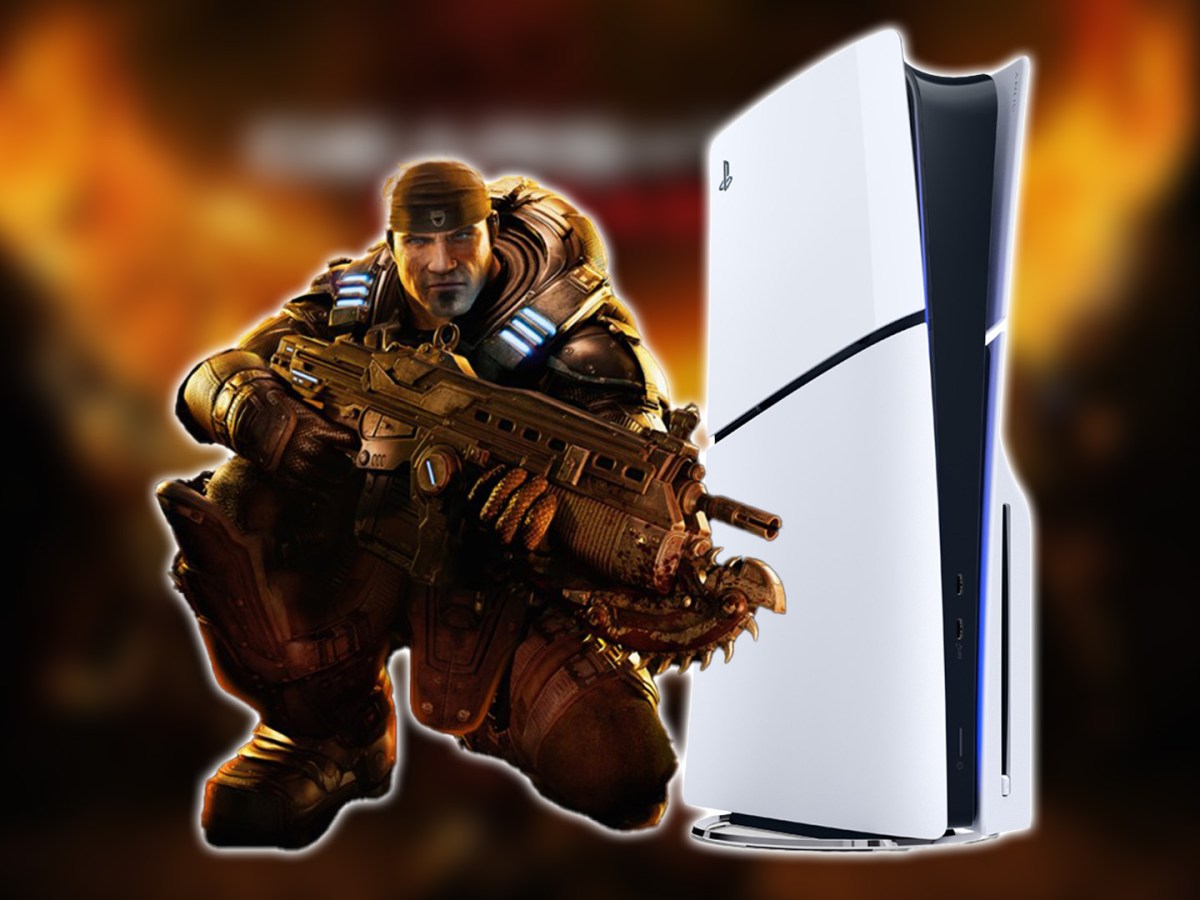 Ein Charakter aus Gears of War und eine PlayStation 5.