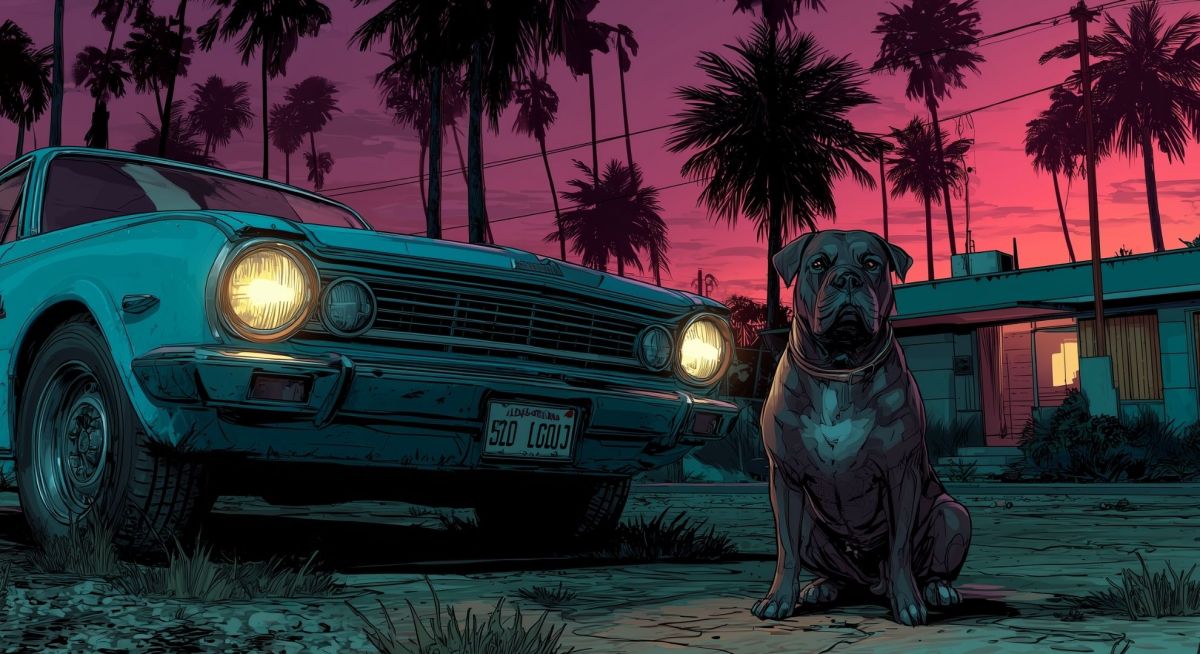 Ein Hund sitzt vor einem Auto in der Dämmerung.