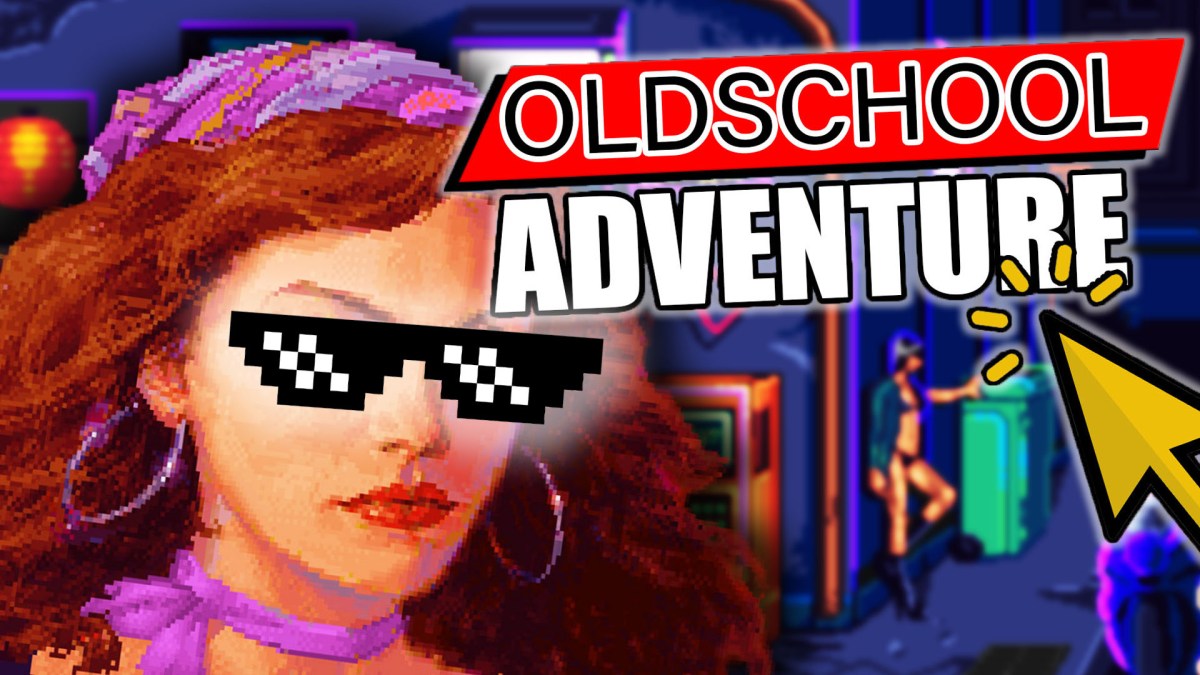 Eine Bildmontage zum Videospiel Neon Hearts City, auf dem Elaine Marley aus Monkey Island zu sehen ist.