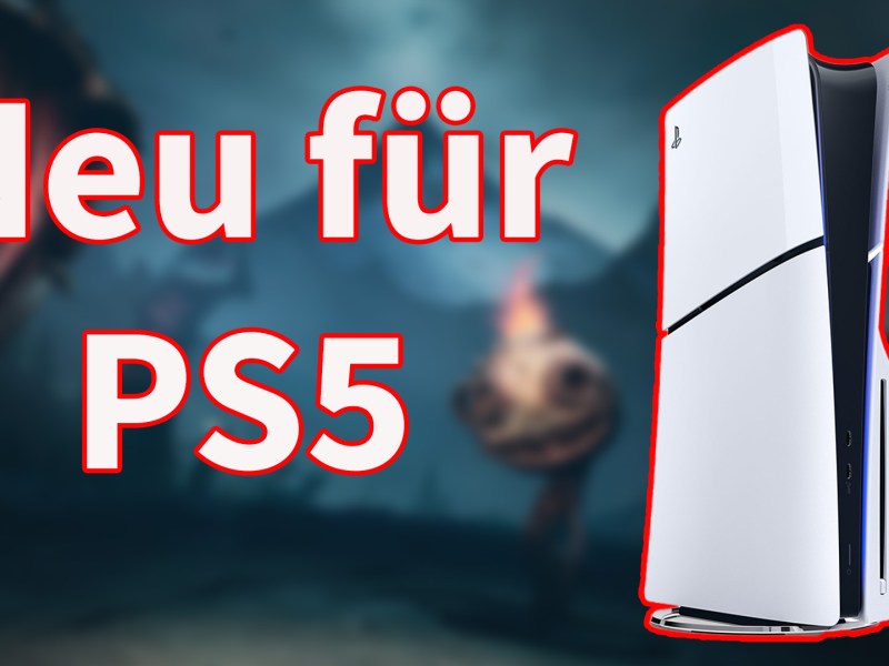 Eine Playstation 5 mit weißem Schriftzug auf dunklem Hintergrund.