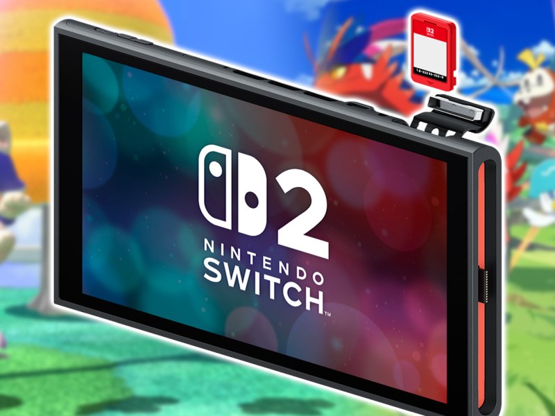 Screenshot-Collage von Super Mario 3D World und Pokémon Karmesin & Purpur im Hintergrund. Im Vordergrund ist eine Nintendo Switch 2 zu sehen.