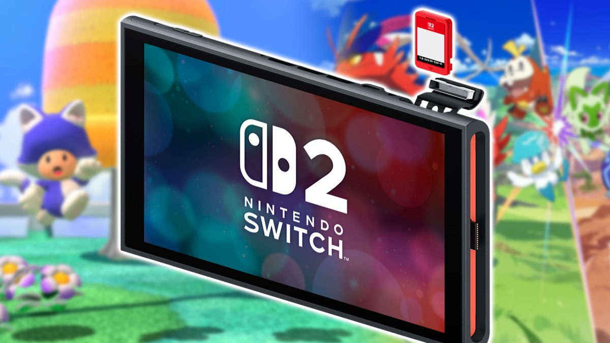 Screenshot-Collage von Super Mario 3D World und Pokémon Karmesin & Purpur im Hintergrund. Im Vordergrund ist eine Nintendo Switch 2 zu sehen.