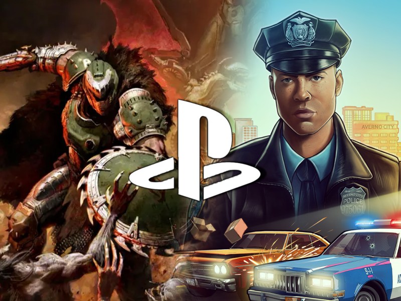 Artwork-Collage aus Doom: The Dark Ages und The Precinct. Versehen mit dem PS5-Logo.