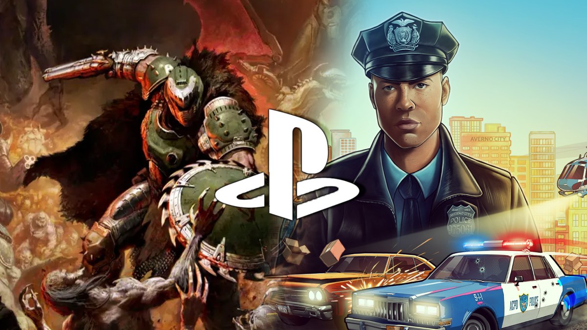 Artwork-Collage aus Doom: The Dark Ages und The Precinct. Versehen mit dem PS5-Logo.