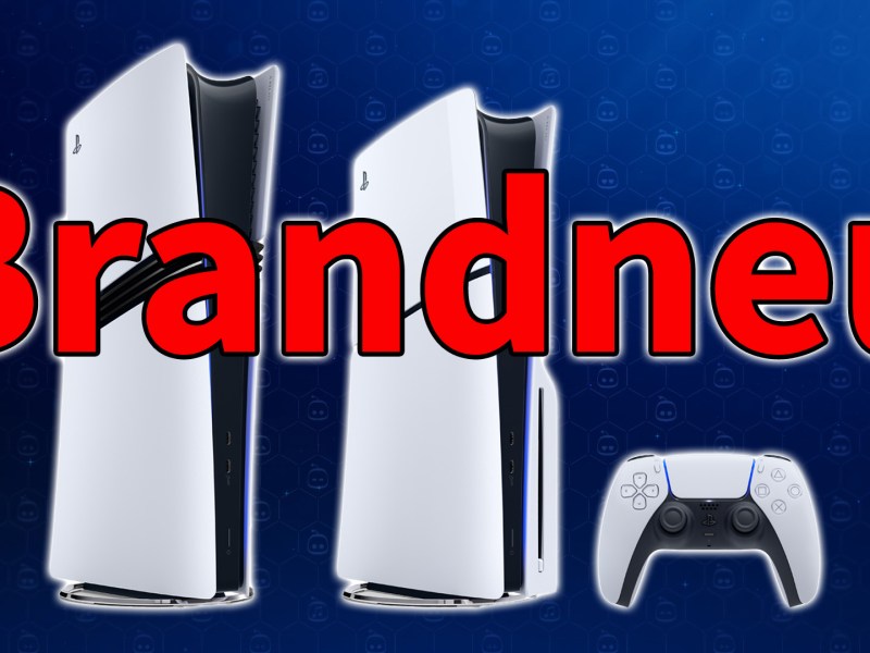 Die PS5 und PS5 Pro mit rotem Schriftzug auf blauem Grund.