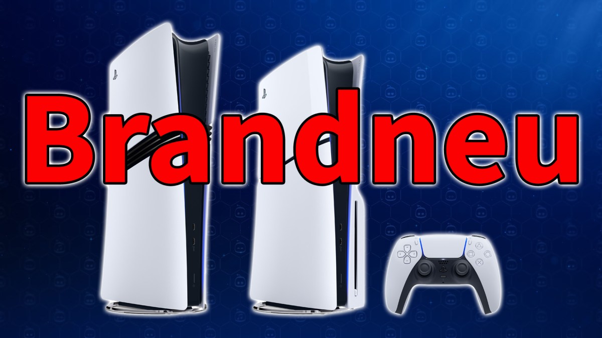 Die PS5 und PS5 Pro mit rotem Schriftzug auf blauem Grund.