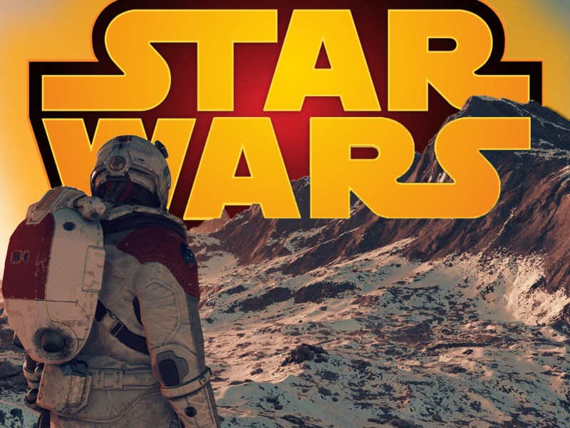 Eine Bildmontage, die eine Spielszene aus Starfield mit dem Star Wars-Logo am Horizont zeigt.