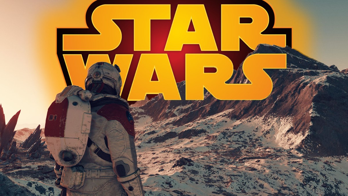 Eine Bildmontage, die eine Spielszene aus Starfield mit dem Star Wars-Logo am Horizont zeigt.