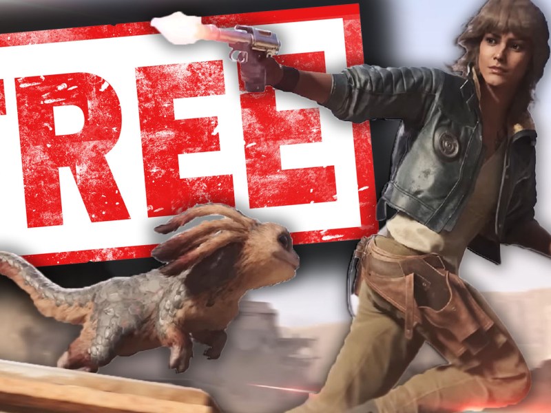 Eine Bildmontage zu Star Wars Outlaws, auf der Kay Vess, Sidekick Nix und ein Kostenlos-Button zu sehen sind.