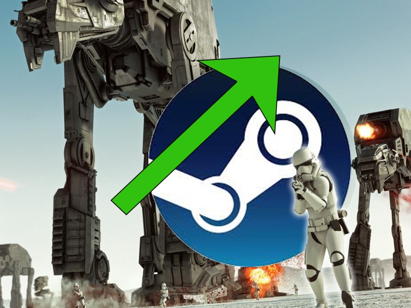 Screenshot aus Star Wars Battlefront 2. Im Vordergrund ist das Steam Logo und ein grüner Pfeil zu sehen.