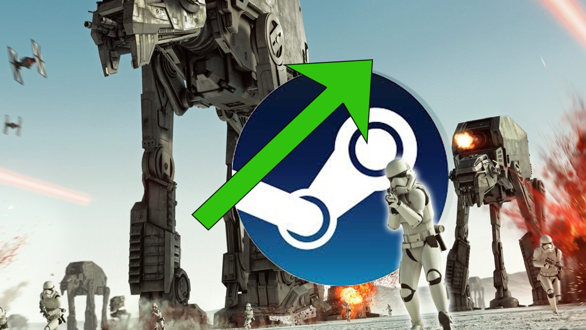 Screenshot aus Star Wars Battlefront 2. Im Vordergrund ist das Steam Logo und ein grüner Pfeil zu sehen.