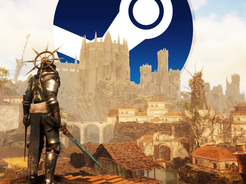 Screenshot aus Tainted Grail: The Fall of Avalon. Im Hintergrund ist das Steam Logo eingefügt.