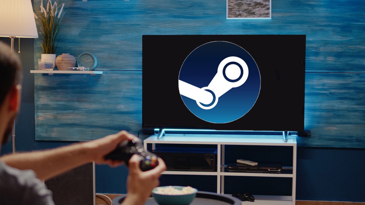 Steam Logo auf einem Fernseher