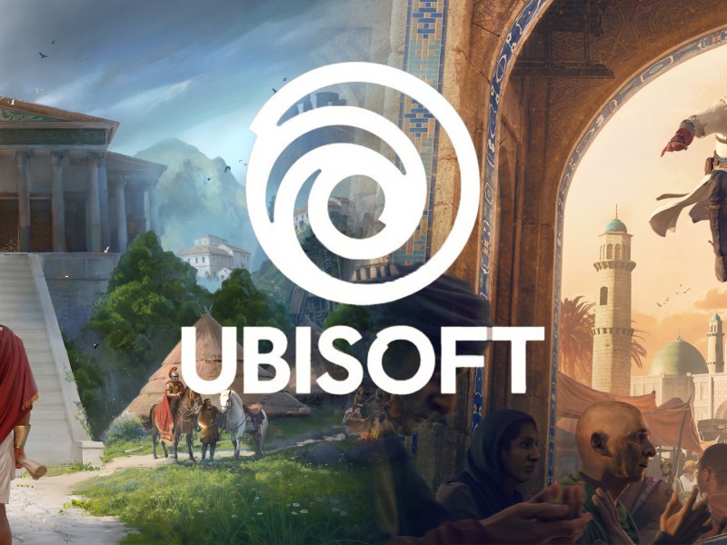 Eine Collage aus Anno und Assassin's Creed mit Ubisoft-Logo.