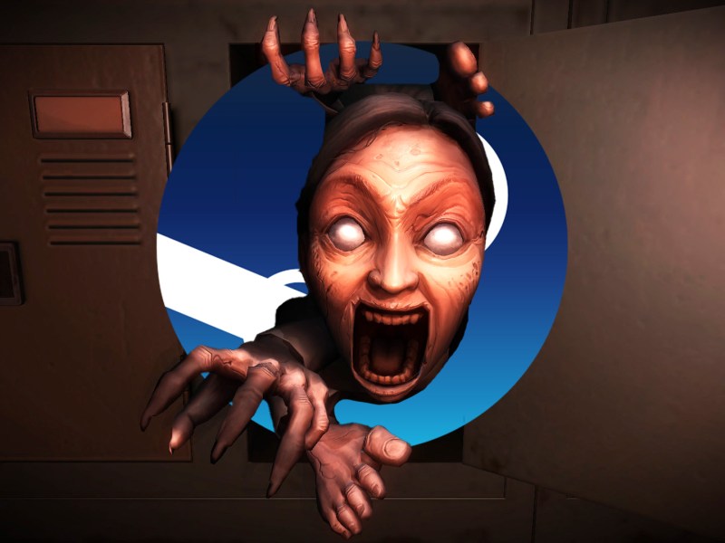 Eine gruselige Frau vor dem Steam-Logo.