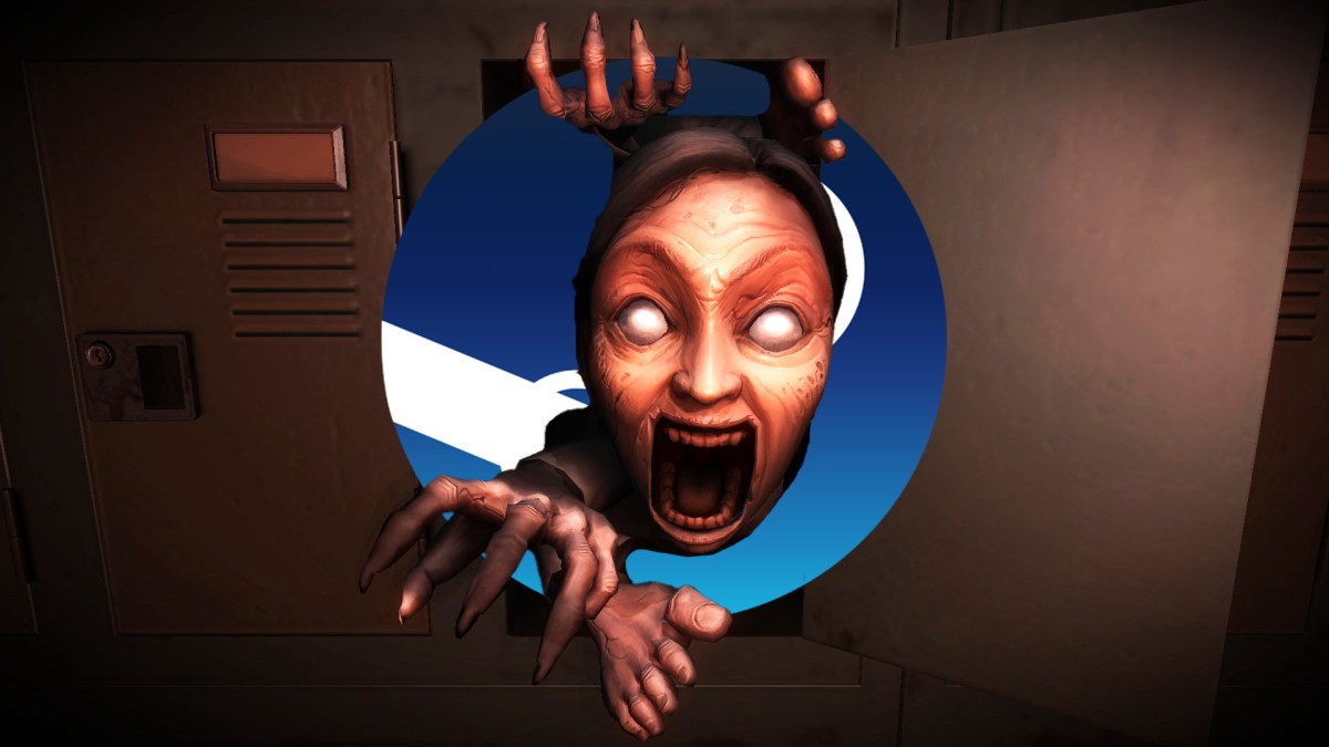 Eine gruselige Frau vor dem Steam-Logo.