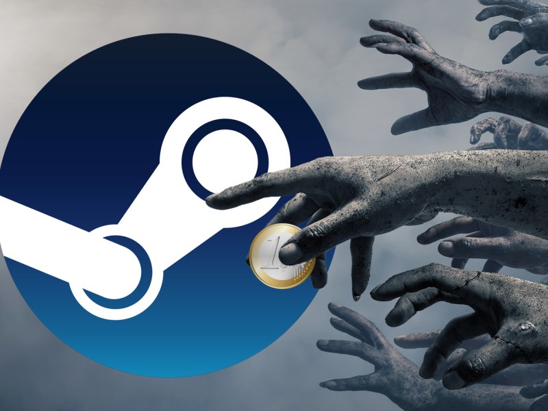 Bild von Zombie-Händen mit einer Euro-Münze und dem Steam-Logo