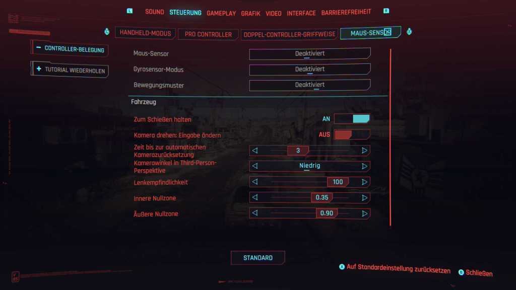 Screenshot aus dem Optionsmenü von Cyberpunk 2077 auf der Nintendo Switch 2.