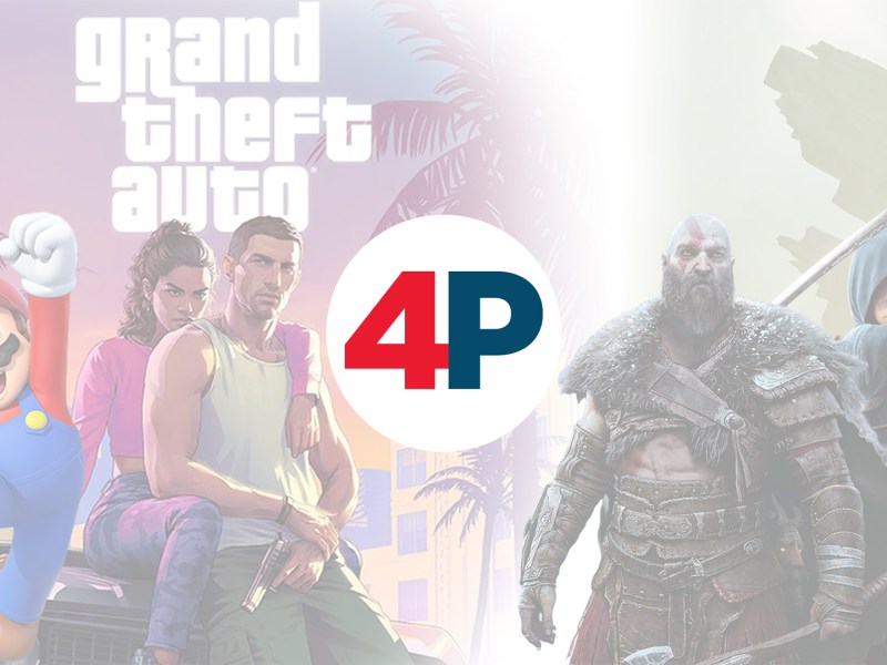 Ein Banner mit dem 4P-Logo und mehreren Videospiel-Charakteren.