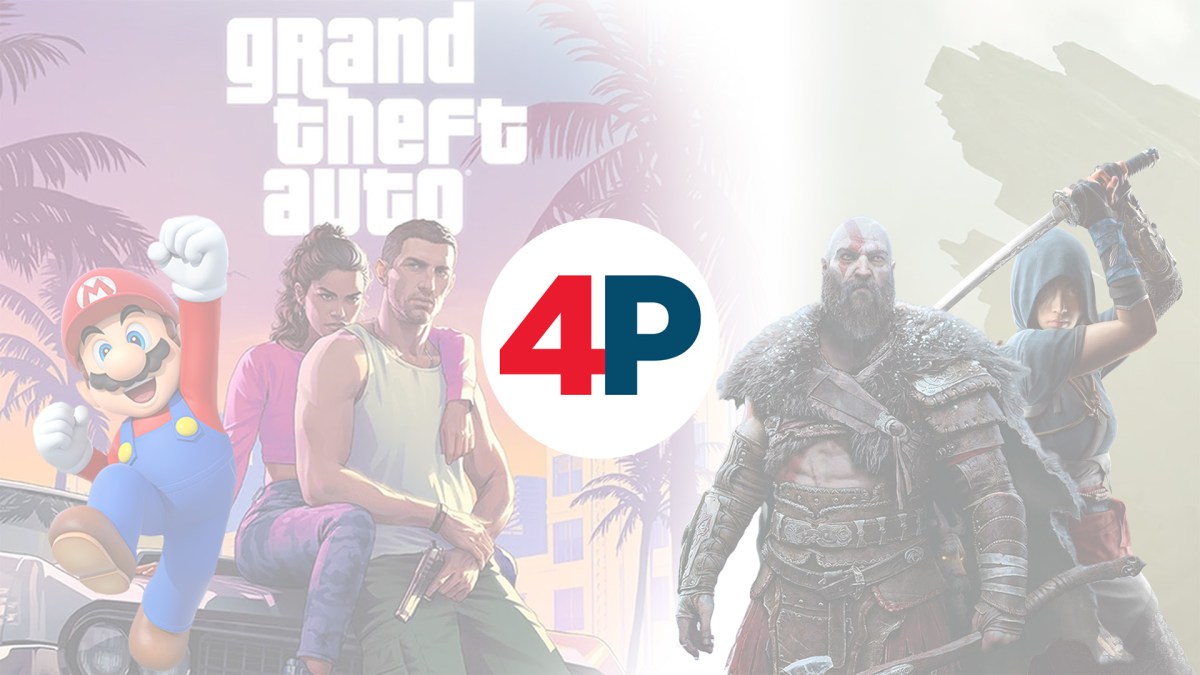 Ein Banner mit dem 4P-Logo und mehreren Videospiel-Charakteren.