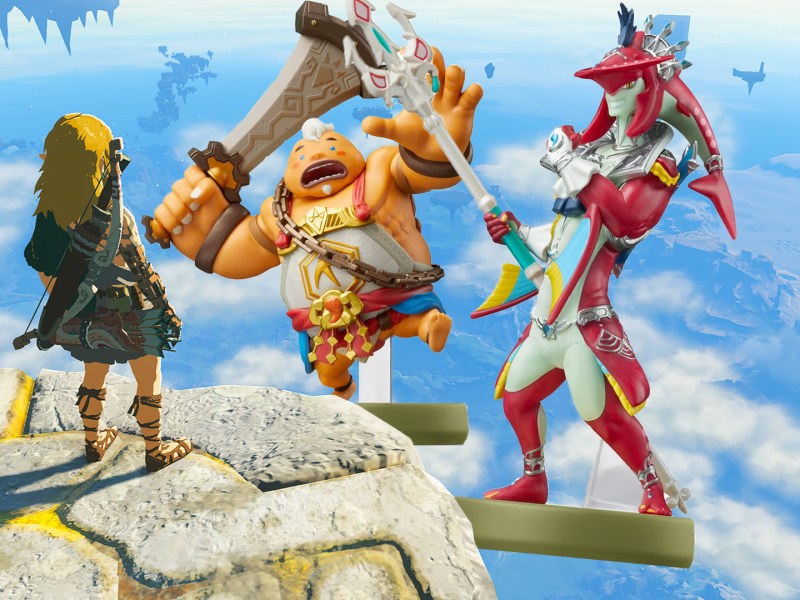 Screenshot aus The Legend of Zelda: Tears of the Kingdom. Mit Photoshop wurden zwei Amiibo ins Bild eingefügt.