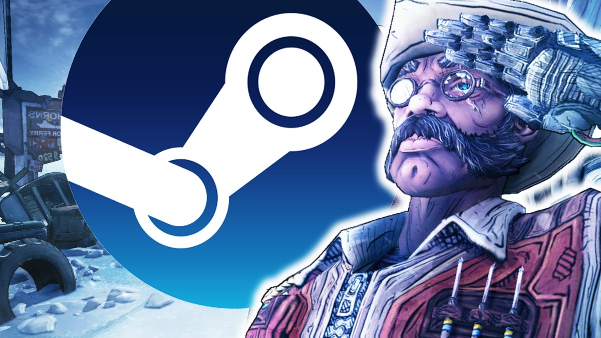 Screenshot aus Borderlands 2. Im Vordergrund ist ein Charakter deutlich zu sehen. Dazu das Logo von Steam.