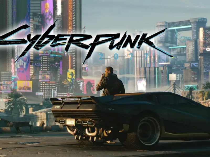 Screenshot aus Cyberpunk 2077 mit dem Logo des Spiels