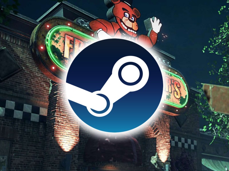 Screenshot aus dem FNAF-Kapitel von Dead By Daylight. Im Vordergrund das Logo von Steam.