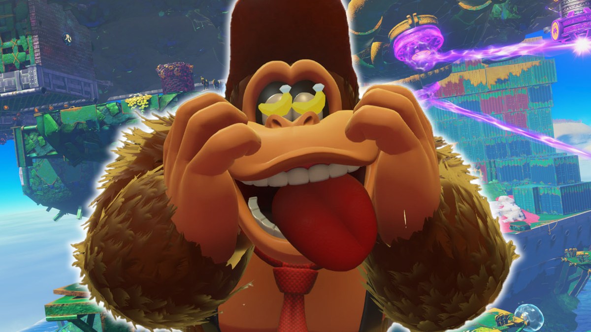 Screenshot aus Donkey Kong Bananza. Im Vordergrund ist DK selbst zu sehen, wie er sich über Bananen freut.