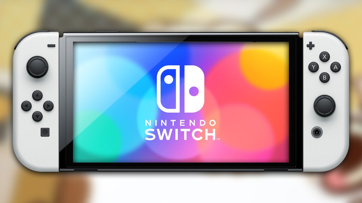Eine Nintendo Switch OLED mit verschwommenem Hintergrund.