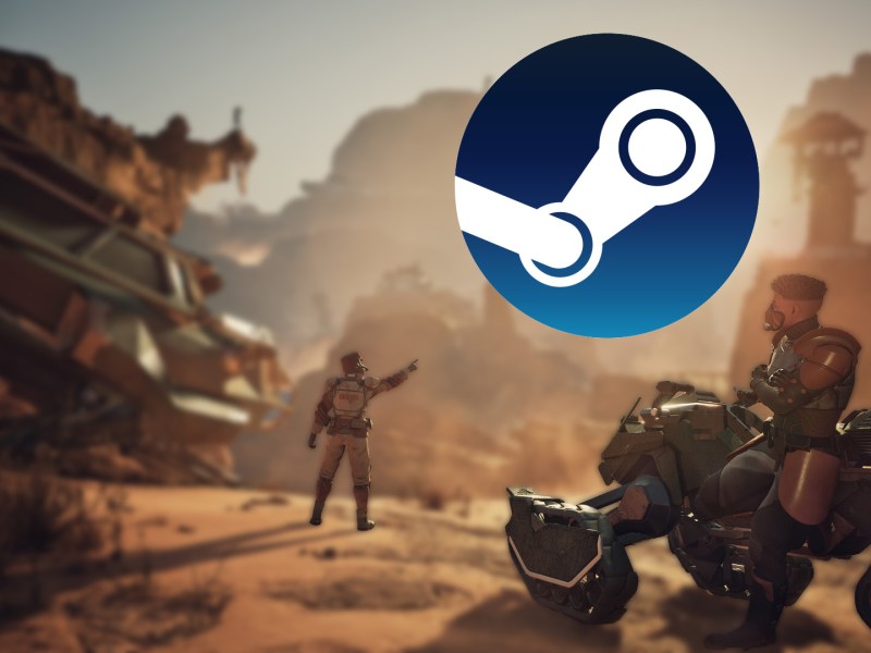 Screenshot aus Dune Awakening. Im Fokus steht das Logo von Steam.