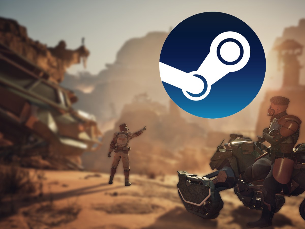 Screenshot aus Dune Awakening. Im Fokus steht das Logo von Steam.