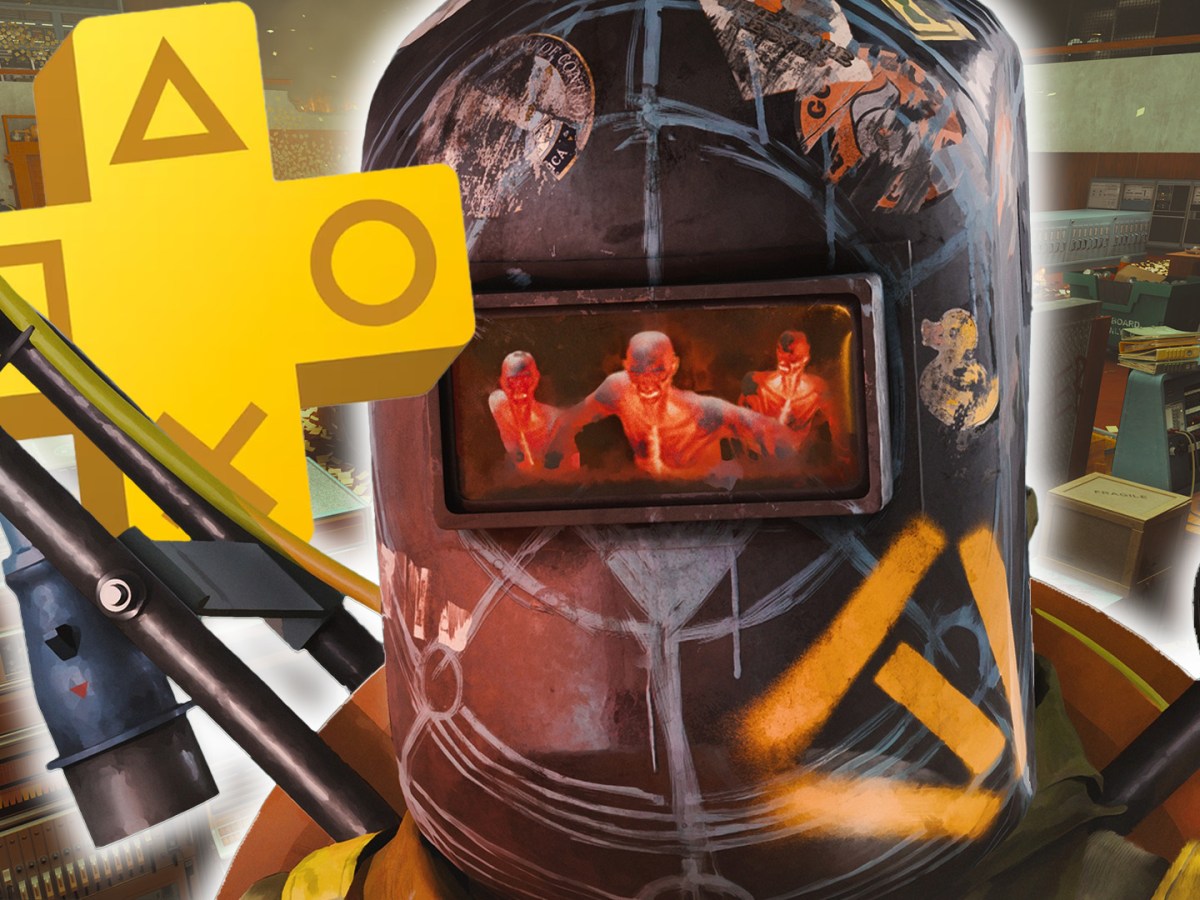 Screenshot aus FBC: Firebreak. Im Vordergrund ein Charakter mit Helm aus dem Spiel, dazu das Logo von PS Plus.