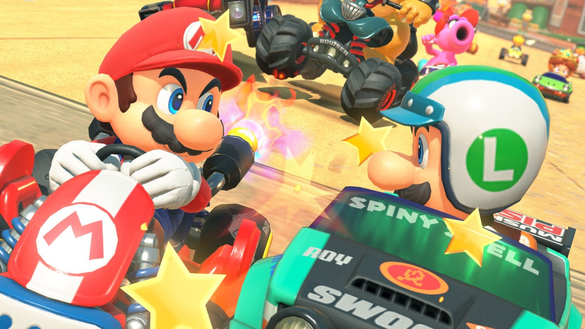 Screenshot aus Mario Kart World. Zu sehen sind Mario und sein Bruider Luigi im Kampf um Platz 1.