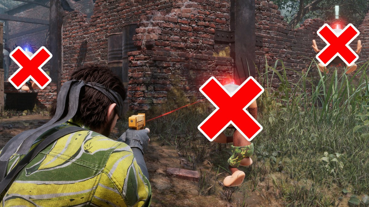 Ein Screenshot aus Metal Gear Solid Delta: Snake Eater mit roten Kreuzen.