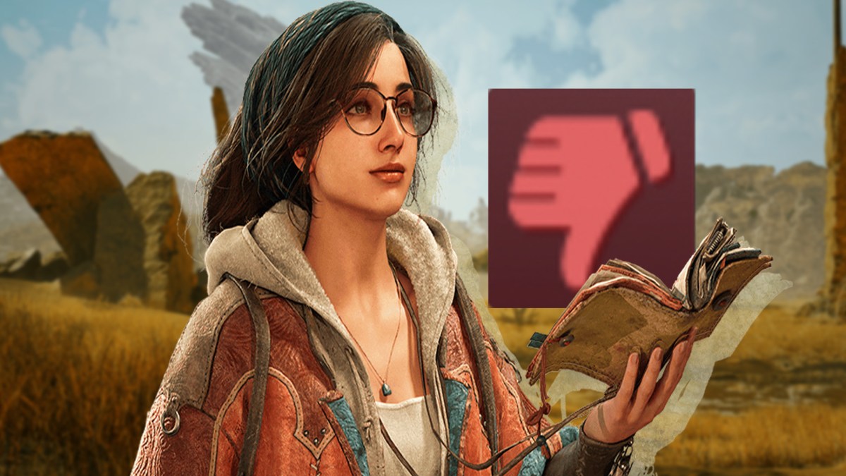 Screenshot aus Monster Hunter Wilds. Im Vordergrund ein Charakter mit Buch in der Hand. Dazu ist der Daumen runter von Steam zu sehen.