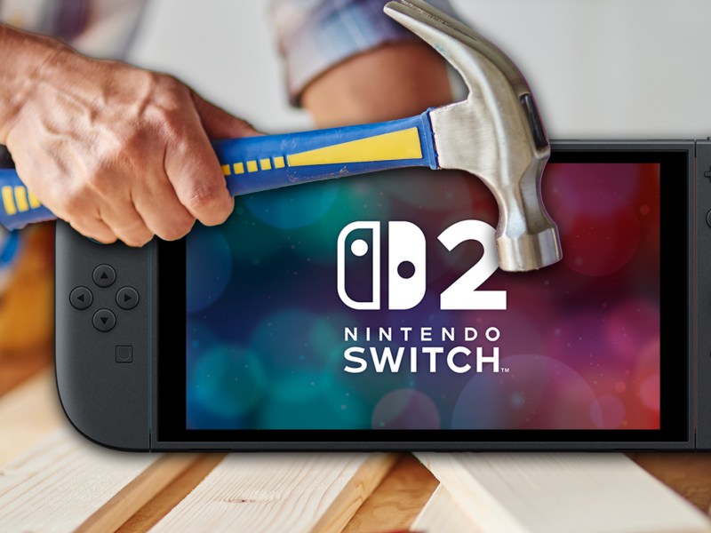 Eine Hand mit einem Hammer und der Nintendo Switch 2.