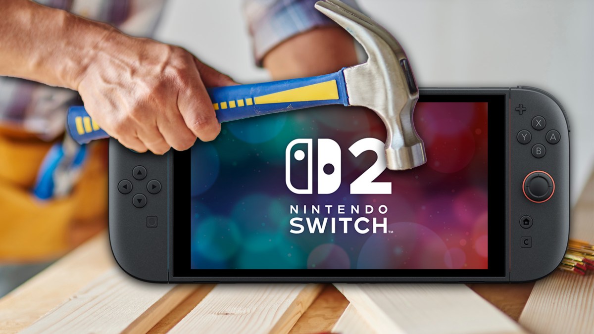 Eine Hand mit einem Hammer und der Nintendo Switch 2.