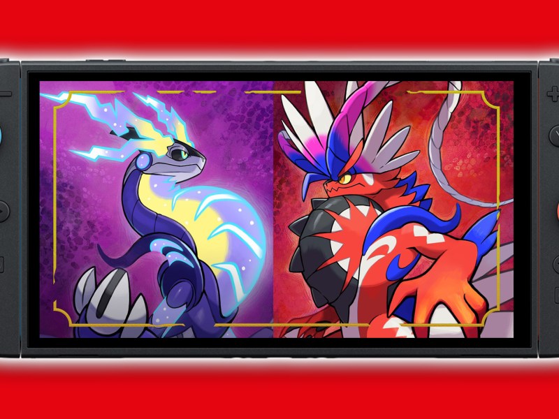 Eine Nintendo Switch 2 mit Pokémon Karmesin und Purpur darauf.