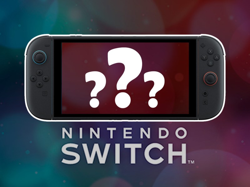 Eine Nintendo Switch 2 mit drei Fragezeichen auf dem Bildschirm und dem Namen der Konsole
