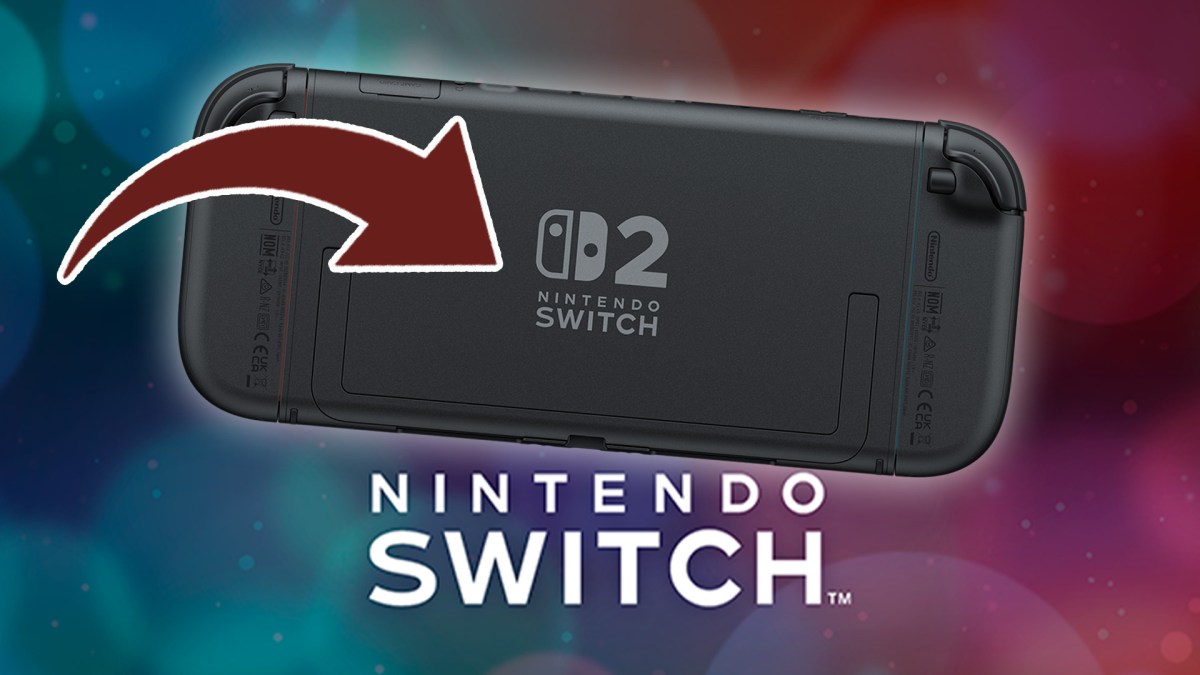 Bild der Rückseite der Nintendo Switch 2, auf die ein Pfeil zeigt