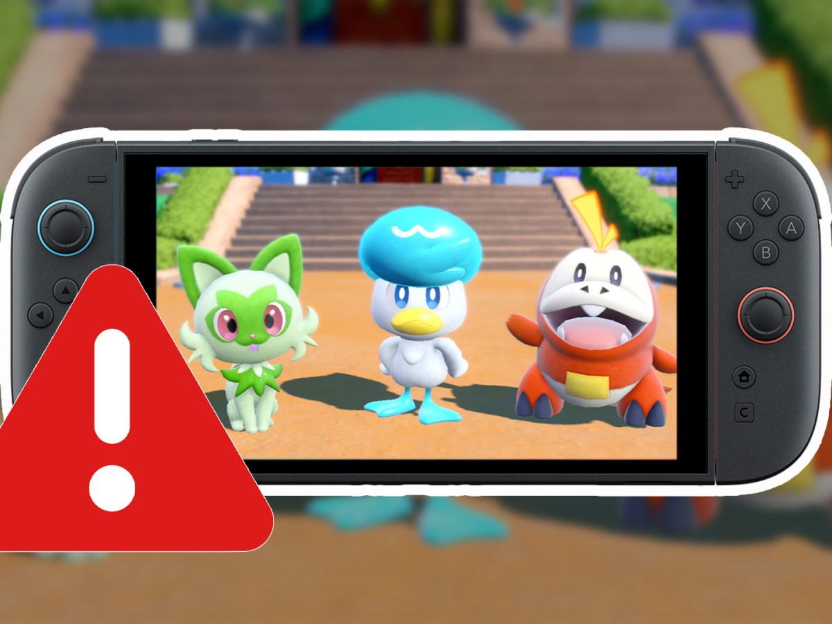 Screenshot aus Pokémon: Karmesin & Purpur auf der Nintendo Switch 2 mit einem Warnsymbol